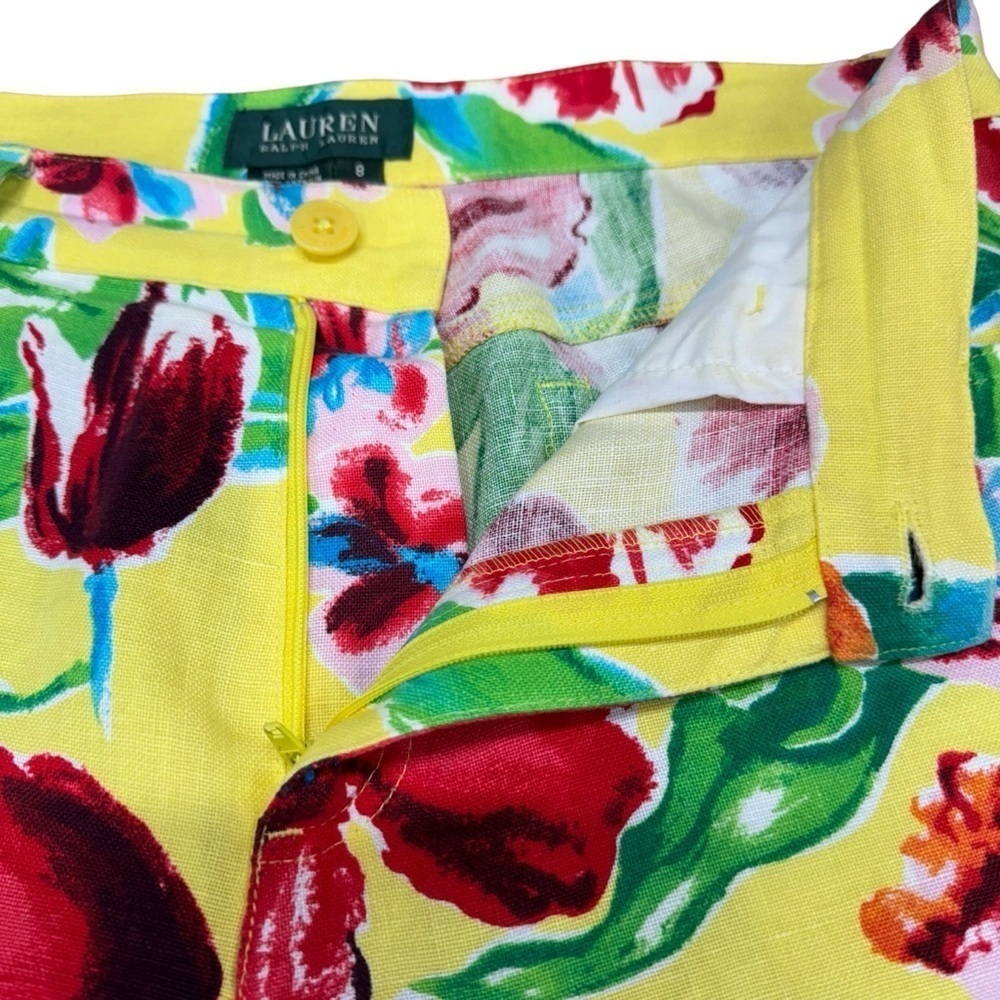 Lauren Ralph Lauren Linen Cropped Pants Women’s 8 Yellow Floral Tropical Hawaii - Picture 5 of 16